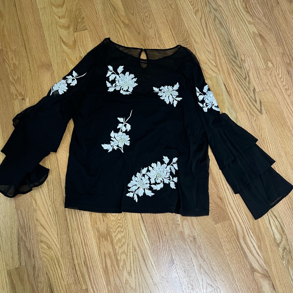 INC International Concepts Black Embellished Blouse with Ruffled Sleeves